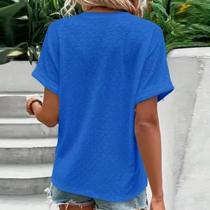 Back view detail of bright blue textured short sleeve casual t-shirt for women in summer