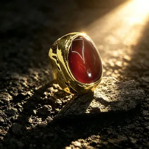 Nahaufnahme eines goldenen Rings mit rotem Achat unter Sonnenlicht, verstellbar