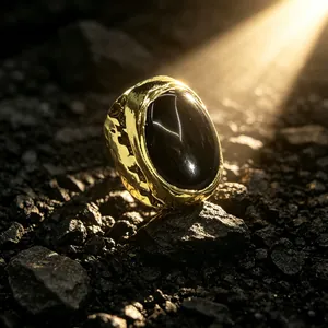 Detailansicht eines breiten vergoldeten Rings mit einem großen ovalen schwarzen Achatstein