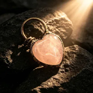 Gros plan d'un pendentif cœur en quartz rose bohème avec finition bronze sur des rochers