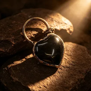 Vue détaillée d'un pendentif cœur en onyx noir de style bohème vintage en bronze