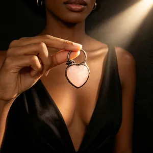 Détail d'un pendentif cœur en quartz rose vintage avec un sertissage en fil de bronze