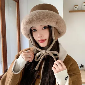 Stylish brown plush bucket hat with warm ear flaps and knit tie for women's winter
