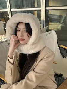 Detailed visual of women's thick warm faux fur winter hat with integrated neck warmer