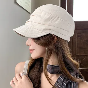 Casquette Gavroche en Lin Plissée pour Femmes Rétro Chapeau d'Équitation Respirant Large Bord Protection Solaire Couleur Unie