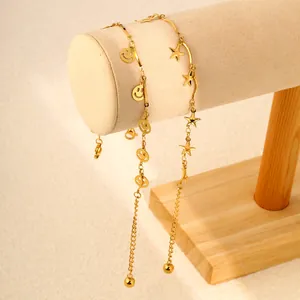 Stainless Steel Anklet For Women Gold Plated Hollow Smiley Face Star Pendant Wavy Bamboo Link Chain Adjustable Foot Jewelry