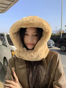 Close-up of thick faux fur hooded scarf for women providing winter warmth and ear protection
