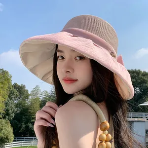 Women French Vintage Hepburn Style Polyester Straw Hat Organza Large Bow Wide Brim Sun Hat Foldable Beach Vacation Hat