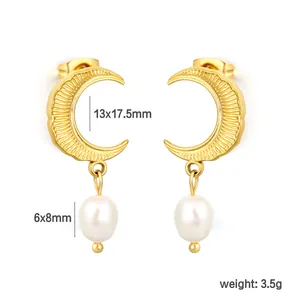 Detailed view of golden crescent moon earrings with freshwater pearl drops and dimensions.