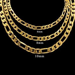 Primer plano de cadenas Figaro doradas en anchos de 6mm, 8mm y 10mm con textura