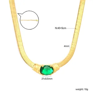 Vintage gold blade chain necklace with green oval zircon and detailed size specs