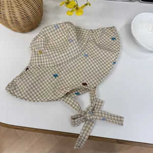 Vintage plaid sun hat with cute animal embroidery and wide brim for summer travel