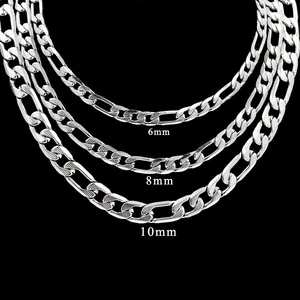 Vista detallada de los anchos de 6mm, 8mm y 10mm de las cadenas Figaro de acero plata