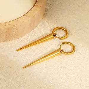 Detailed view of creative stainless steel long spike hoop earrings in 18K gold plating
