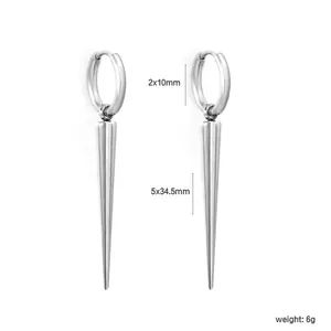 Detailed view of silver stainless steel spike hoop earrings with dimensions and weight