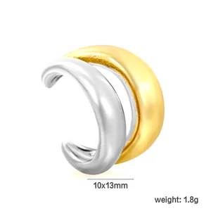Detail view of bicolored stainless steel C-shape ear cuff with size and weight info