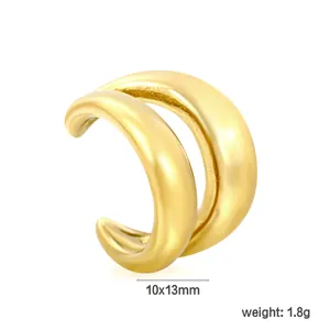 Detail view of minimalist gold stainless steel C-shaped ear cuff with 1.8g weight info