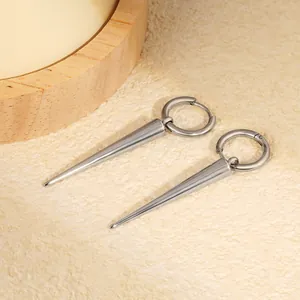 Detailed view of minimalist stainless steel long spike hoop earrings in silver finish