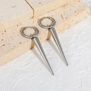 Macro detail of minimalist stainless steel long spike hoop earrings with high polish finish.