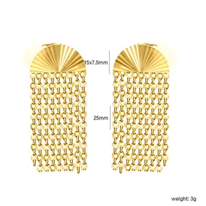 Detailed view of gold-plated fan-shaped stud earrings featuring long chain tassels