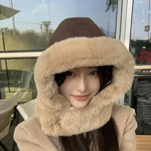 Cute winter warm plush trapper hat for women with suede shell and neck protection
