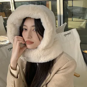 Cozy beige plush hooded scarf hat for winter warmth featuring a soft faux fur trim