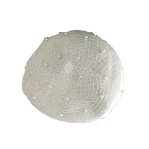 Vintage woolen beret for women featuring elegant pearl-studded mesh veil in creamy white