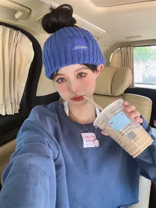 Stylish blue knitted wide headband for women in a cozy Korean ins fashion style