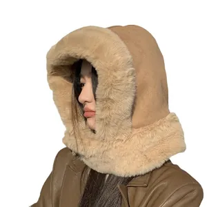 Warm beige faux fur trim winter balaclava hat with soft suede fabric for women