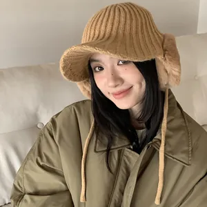 Khaki winter knitted beanie with earflaps and brim, warm thickened hat for women