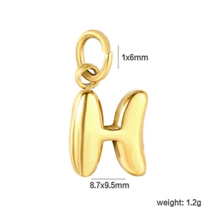 Close-up of 18K gold plated stainless steel bubble letter H pendant with size measurements