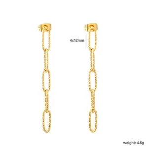 Detail view of gold-plated stainless steel textured chain link dangle earrings