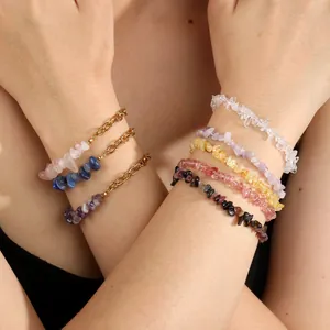 Bracelet en Acier Inoxydable Gravier de Cristal Naturel Pierre Irrégulière Chaîne de Splicing Plqué Or Bijoux pour Femmes