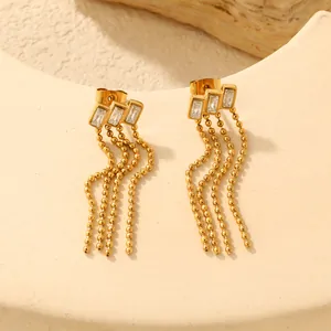 Detaillierte Ansicht eleganter goldener Edelstahl-Ohrringe mit Quasten und klaren Zirkonia