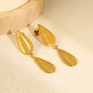 Detailed macro view showing the intricate texture of gold-plated leaf earrings.