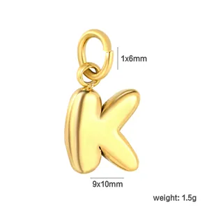 Close-up detail of 18K gold plated stainless steel letter K pendant with dimensions