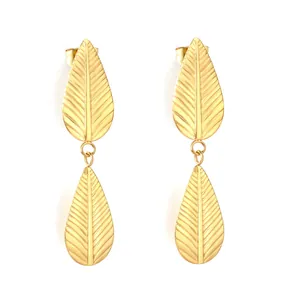 Exquisite gold-plated stainless steel leaf drop earrings featuring textured vein details