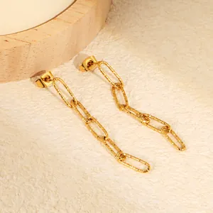 Close-up of gold plated stainless steel chain link earrings with hammered texture