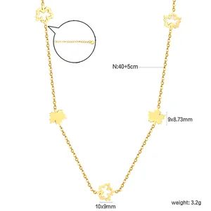 Detailed view of a gold-plated maple leaf necklace showing specific measurements and weight