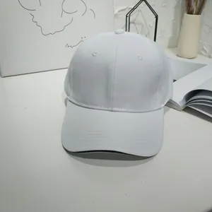 Detailed front view of a minimalist white baseball cap featuring a clean stitched curved brim
