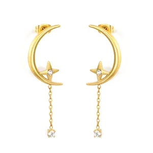 Elegant gold-plated stainless steel star moon earrings with sparkling zircon fringe details