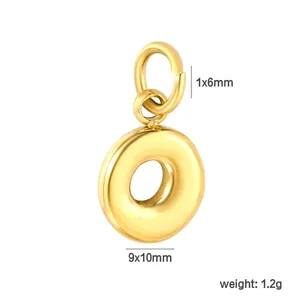 Close-up of 18K gold plated stainless steel letter O pendant with dimensions and weight