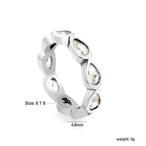 Close-up detail view of pear-cut white zircon eternity ring with size and weight specs
