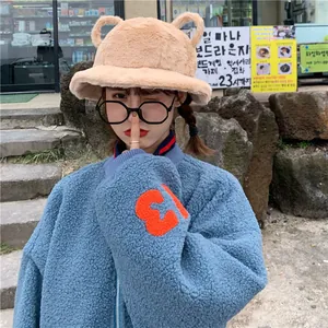 Sweet and cute fuzzy bucket hat with ears for women's winter fashion warm style accessory