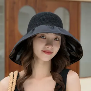 Women Summer Sun Hat Large Brim UV Protection Black Glue Lining Bowknot Hollow Straw Bucket Hat Breathable Beach Sun Visor