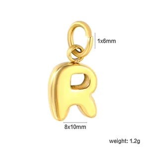 Detail view of 18K gold plated stainless steel letter R pendant with size measurements