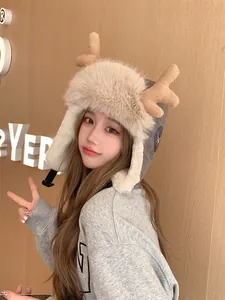 Winter trapper hat with deer antlers and thick plush lining for women