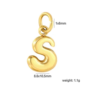 Macro detail of 18K gold plated stainless steel letter S pendant with dimensions