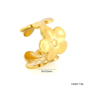 Detailed view of a gold-plated flower C-shaped ear cuff including weight and size dimensions