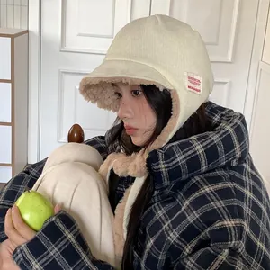 Korean style warm fleece aviator hat for women in cream white for winter outdoors
